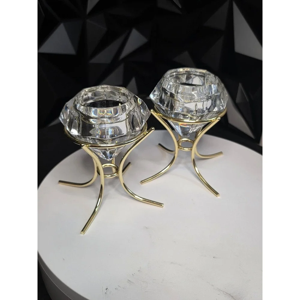 Diamond Shaped Crystal Glass Votive Candle Holders Gold Metal Stands Set of 2